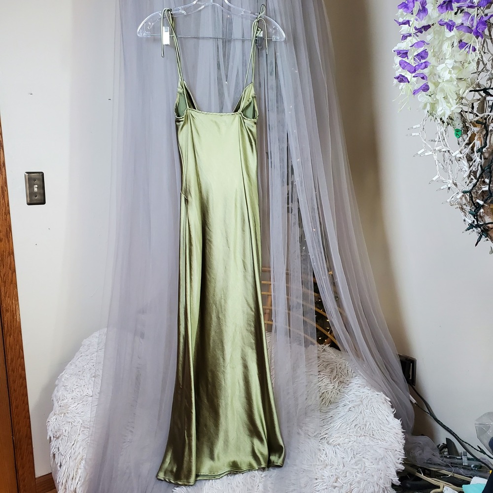 Y2K Romantic Sage Green Satin Midi Slip Dress Fairy Cocktail Size 6 Cowl Neck - Picture 3 of 5